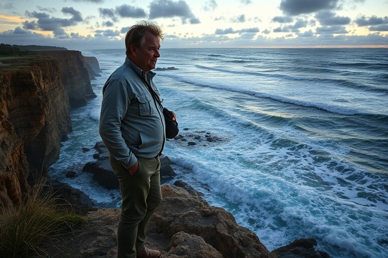 A professional portrait of Andrew Lewin speaking into a podcast microphone, with a blurred background of nature elements like