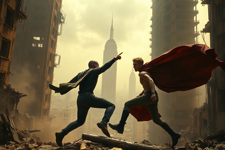 A dark, cinematic still of Homelander looming over a burning cityscape, with Soldier Boy’s shadow stretching across the ruins