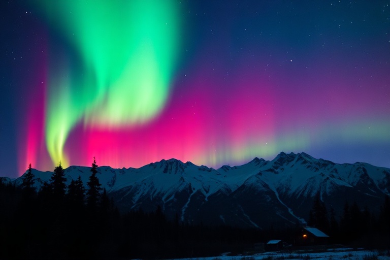 A vibrant night sky over a snowy landscape, with vivid green and purple northern lights swirling above silhouetted trees and