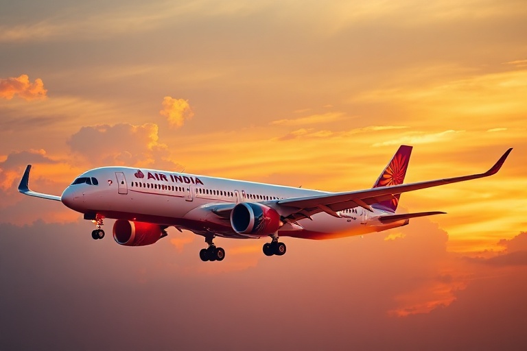 A modern Air India Airbus A350 aircraft parked at an airport terminal, with the airline's new livery visible. The scene inclu
