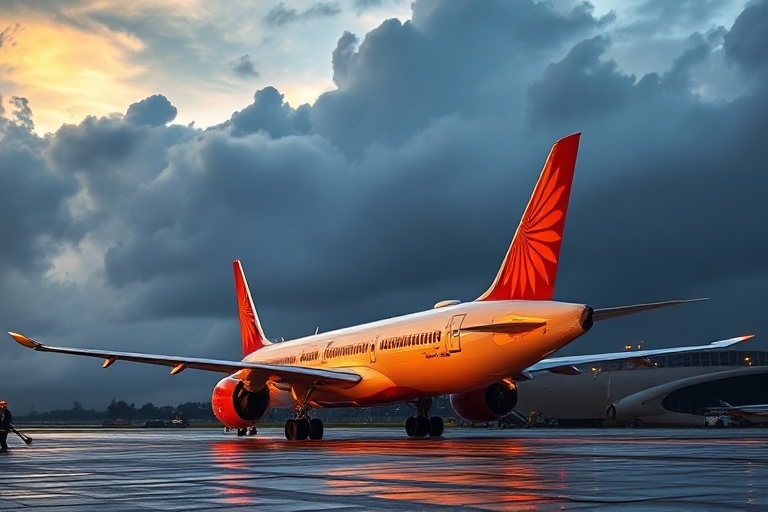 A sleek Air India Boeing 787 Dreamliner in the airline's new livery, taking off from an Indian airport at dawn, with the Tata