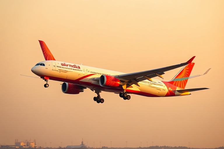 A modern Air India Airbus A350 taxiing at an airport, with the iconic Tata logo visible on the tail, set against a sunset bac