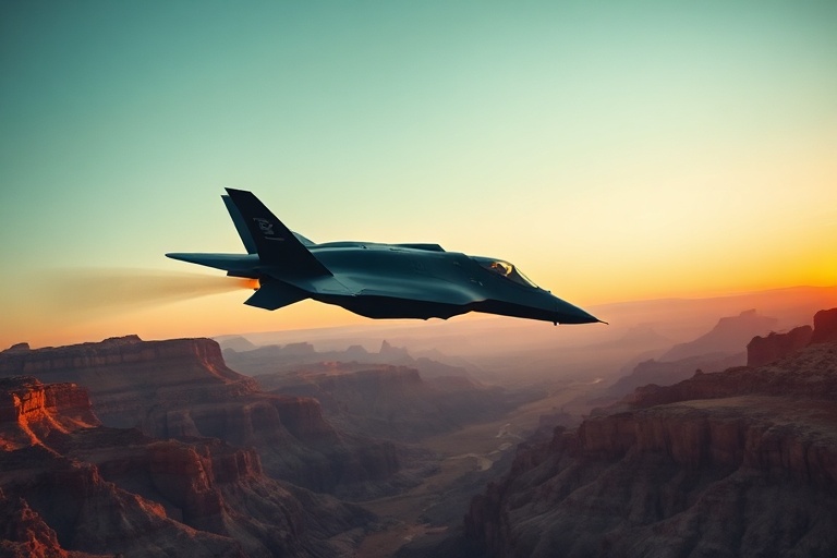 A high-tech stealth aircraft, likely the F-35 or F-22, flying at low altitude with a digital camouflage pattern blending into