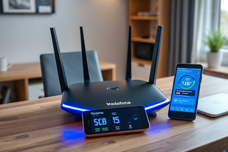 A modern living room setup with a Vodafone 5G router placed on a wooden table, surrounded by connected devices like a laptop,