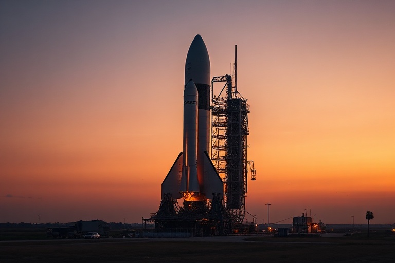 A high-angle view of the Starship prototype standing tall on the launchpad at Boca Chica, Texas, with its stainless-steel bod