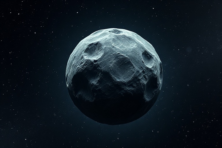 A highly detailed illustration of an asteroid field in deep space, featuring a mix of rocky and metallic asteroids of varying