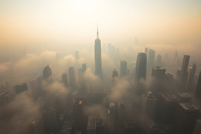 Aerial view of a city skyline partially obscured by smog, with a clear blue sky on one side and hazy pollution on the other.
