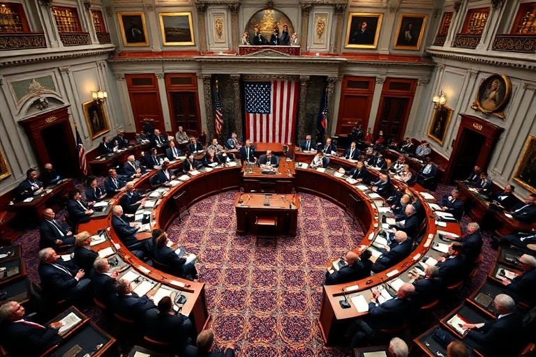 A formal meeting room in the U.S. Capitol with Republican representatives seated around a long conference table, engaged in d