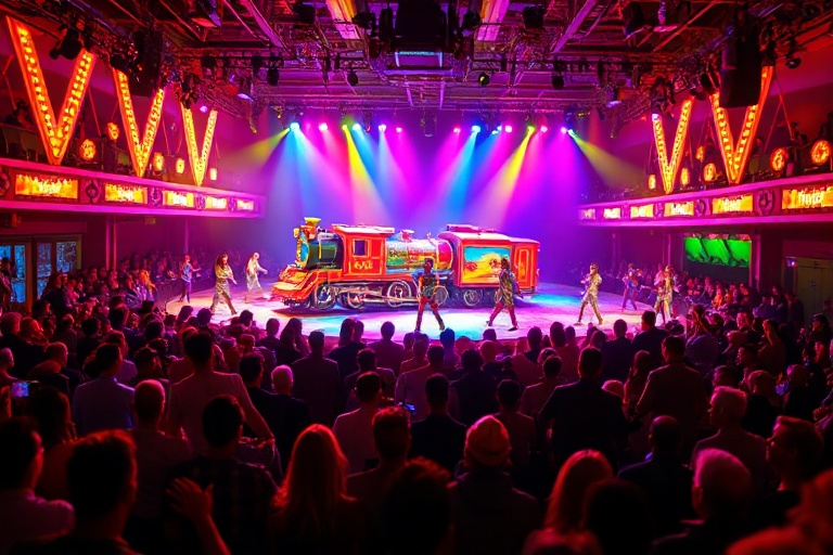 A dynamic stage shot of the Starlight Express Tour, featuring performers in vibrant costumes roller-skating through an elabor