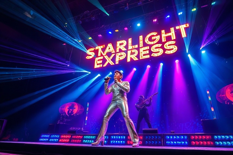 A vibrant stage shot of the Starlight Express tour, featuring roller skaters in glowing costumes racing on a multi-level trac