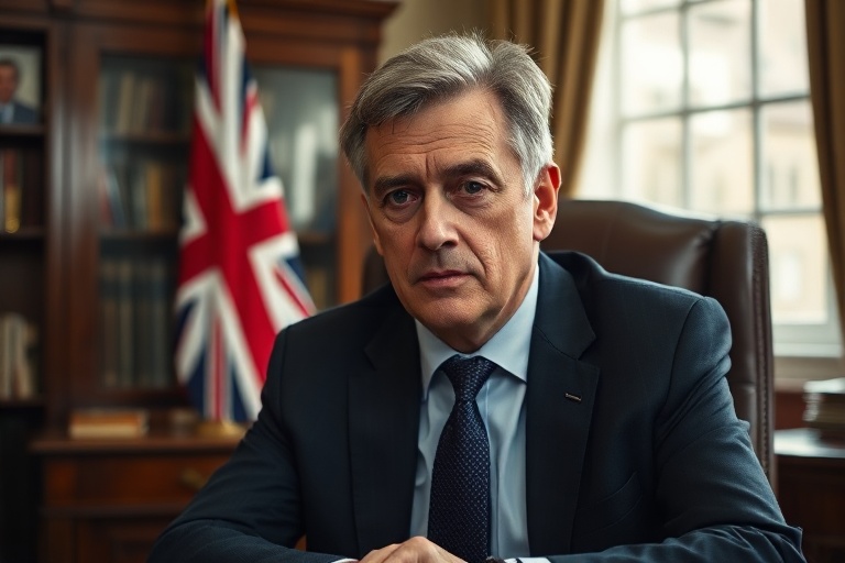 A portrait of Hilary Benn in a parliamentary setting, wearing a suit and tie, with the British flag subtly in the background.