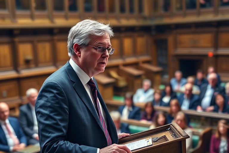 A portrait of Hilary Benn in a parliamentary setting, wearing a suit and tie, with the British flag subtly in the background.