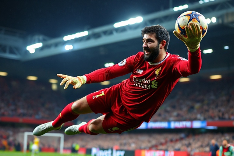 Alisson Becker in full Liverpool kit, crouched in goal with arms outstretched during a match at Anfield. The crowd is blurred