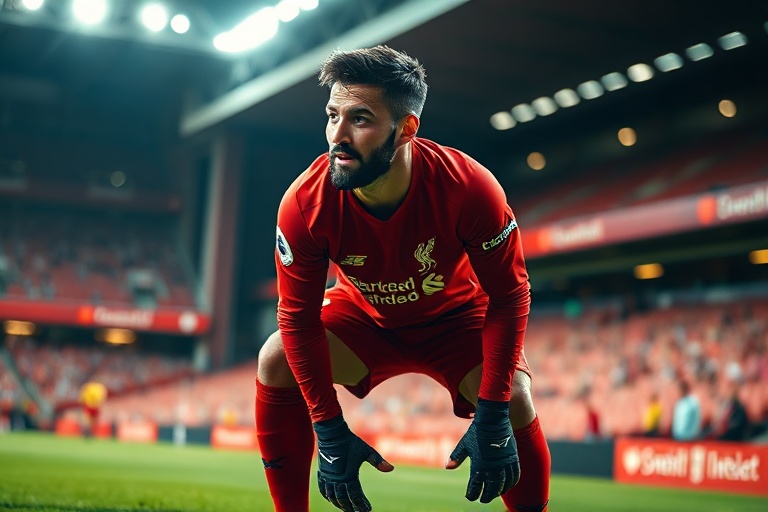 A dynamic action shot of Alisson Becker in Liverpool's red jersey, diving to his left to make a crucial save at Anfield, with