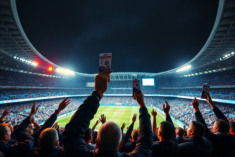A vibrant shot of the Etihad Stadium filled with fans during a match, with the Manchester City players visible on the pitch.