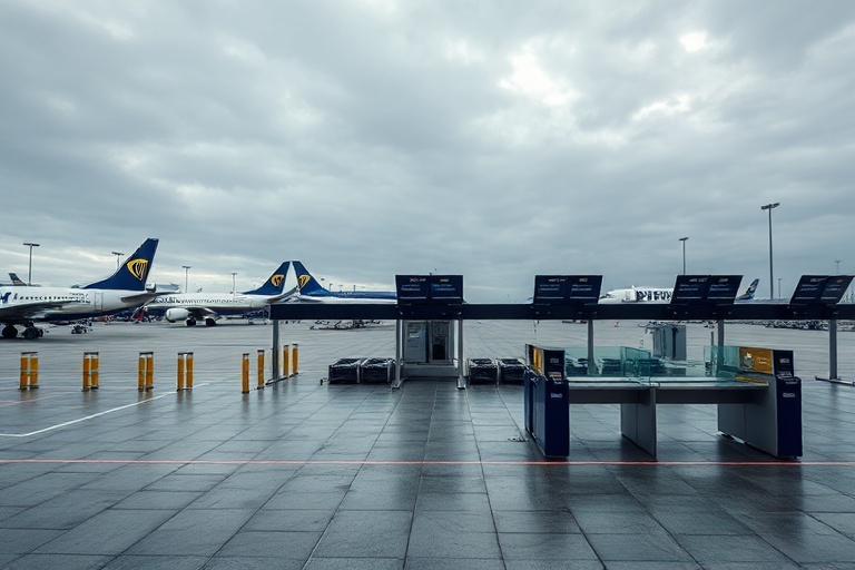 Aerial view of Thessaloniki Airport with Ryanair planes parked at the gate, highlighting the airline's presence and the impen