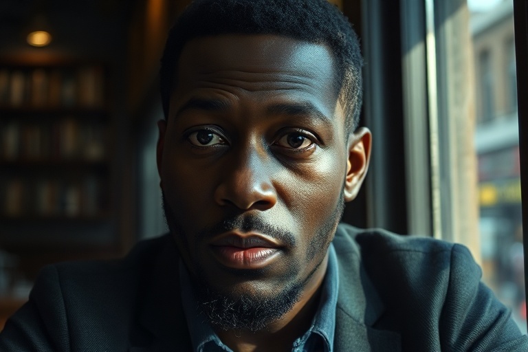 A mid-shot portrait of Paapa Essiedu on stage in a modern theatre setting, wearing casual yet stylish attire, with warm stage