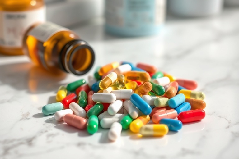 A close-up of various weight loss pills scattered on a table with a measuring tape, a glass of water, and a blurred backgroun