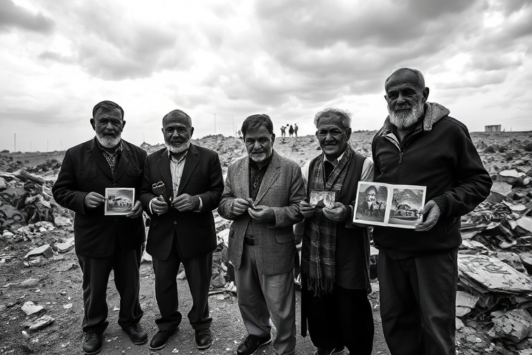 A somber black-and-white photograph of an elderly Palestinian man holding an old rusted key in front of a destroyed village l