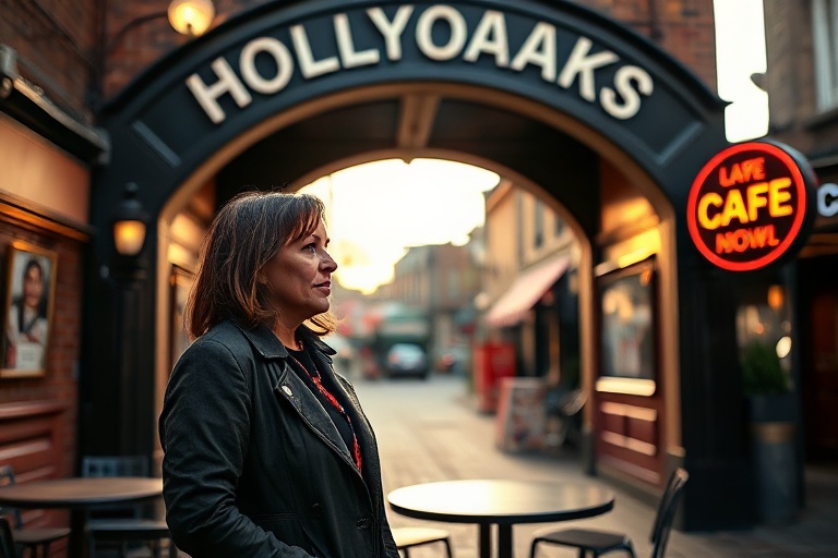 A dramatic still of Diane O'Shea sitting at a café counter in *The Dog in the Pond*, her expression a mix of weariness and de