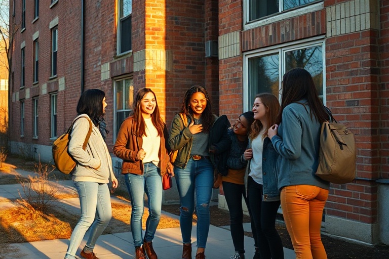 A group of diverse college friends laughing together in a cluttered off-campus apartment, with warm lighting and autumn decor