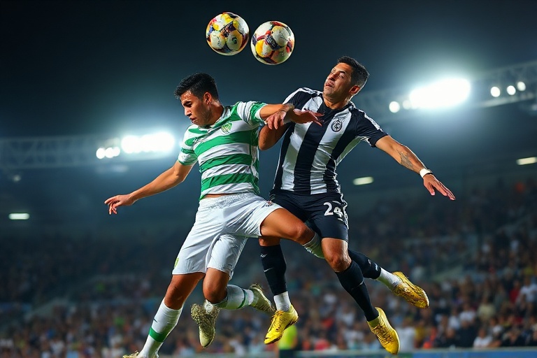 A vibrant stadium scene at Couto Pereira or Vila Belmiro with players in mid-action, showcasing the intensity of a Coritiba v