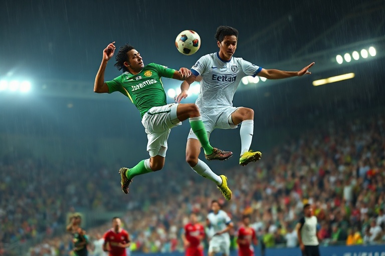A mid-action shot of a Coritiba vs Santos match at Couto Pereira Stadium in Curitiba, showing players in colorful kits contes