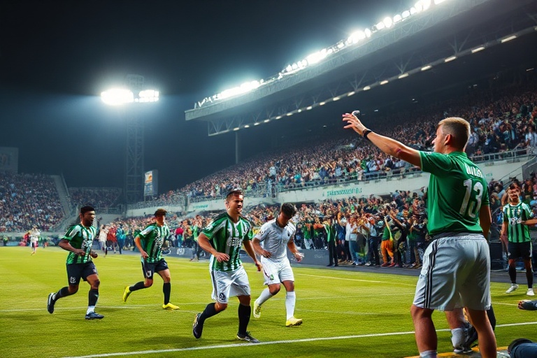 A vibrant stadium scene at Couto Pereira in Curitiba, showing fans in blue and white scarves, with a Santos FC player in blac