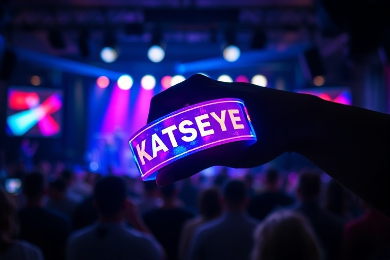 A vibrant concert scene with dazzling stage lighting, a large crowd with raised hands, and a headline artist performing under