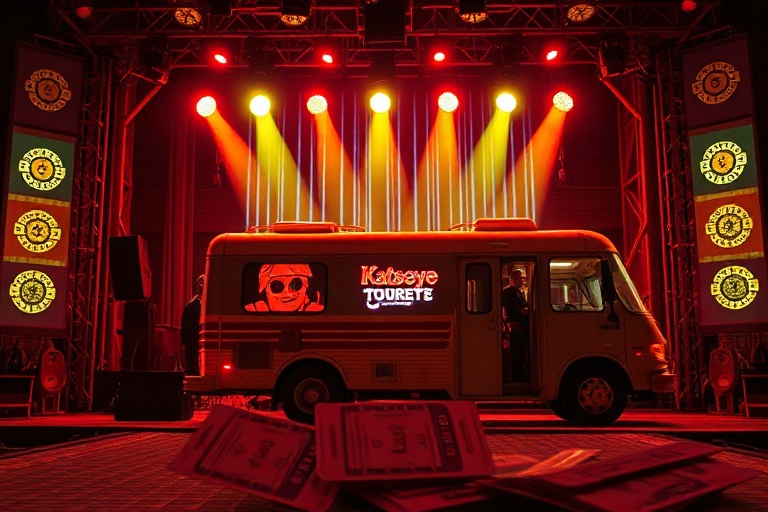A vibrant concert scene with a large stage bathed in colorful lights, featuring silhouettes of performers and an enthusiastic