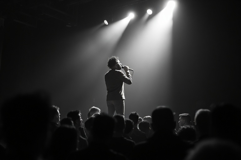 A vibrant concert scene with stage lights illuminating a diverse audience at a Katseye Tour event. The mood is energetic and