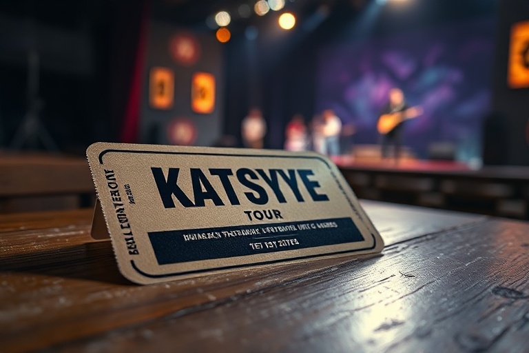 A vibrant concert scene with stage lights illuminating a diverse audience at a Katseye Tour event. The mood is energetic and