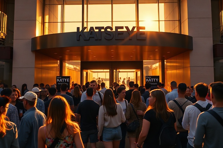 A vibrant concert scene featuring Katseye on stage with dazzling LED visuals and a crowd of enthusiastic fans, bathed in colo