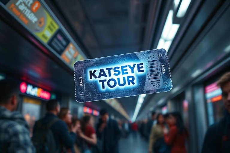 A vibrant concert scene featuring Katseye performing on a neon-lit stage with holographic visuals, surrounded by a cheering c