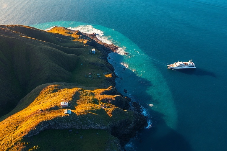 Aerial view of Pitcairn Island's rugged coastline, turquoise waters, and lush green hills. A small boat is anchored near the