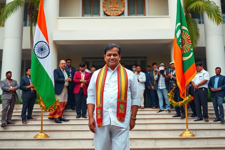 A formal portrait of Kerala's Chief Minister seated at a desk with the state emblem in the background, wearing traditional Ke