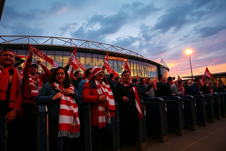 A vibrant scene at Wembley Stadium during a Championship play-off final, with Southampton fans in claret and blue scarves che
