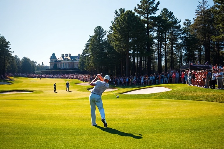 Aerial view of a PGA Championship course during a tournament, showing players on the first tee with spectators in the backgro