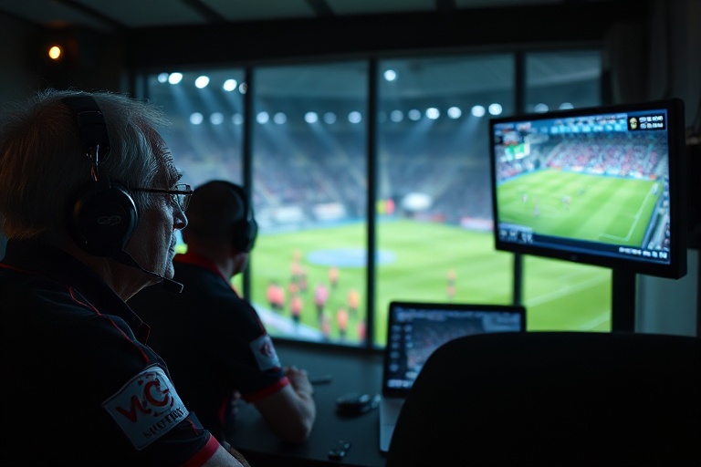 A split-screen image showing a VAR review in progress during a high-stakes football match, with a referee watching a monitor,