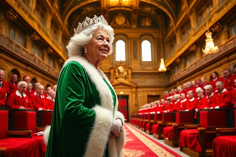 A formal portrait of Queen Camilla in royal regalia, seated on the throne in the House of Lords chamber during the State Open