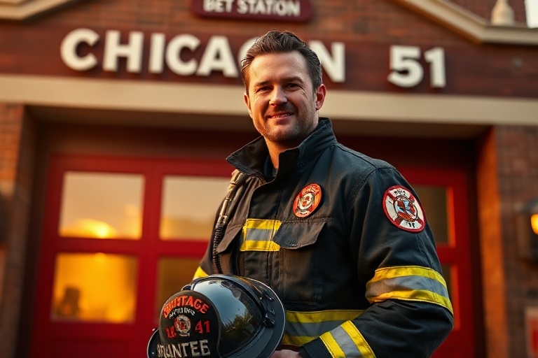 A dramatic scene of Taylor Kinney in full firefighter gear, standing in the doorway of Firehouse 51, with the Chicago skyline
