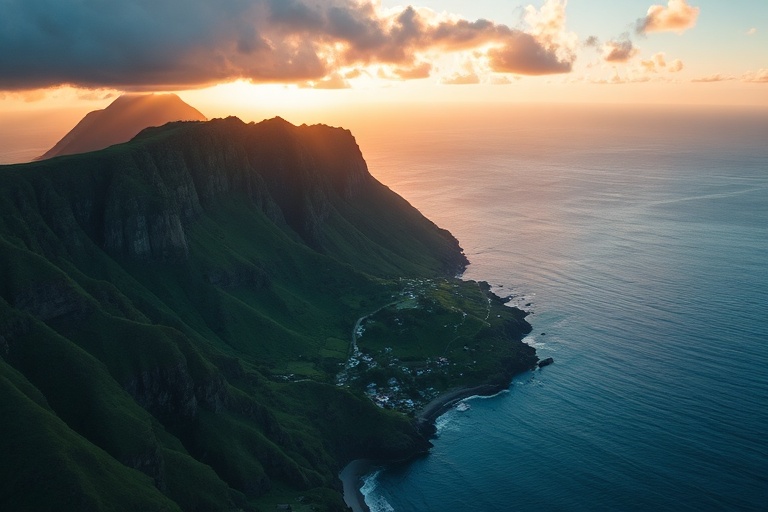 Aerial view of Pitcairn Island’s rugged coastline, lush green valleys, and turquoise waters. The image captures the island’s