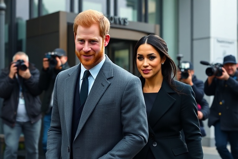 A split-image visual: on the left, Harry and Meghan smiling at a public event; on the right, a newspaper headline about their