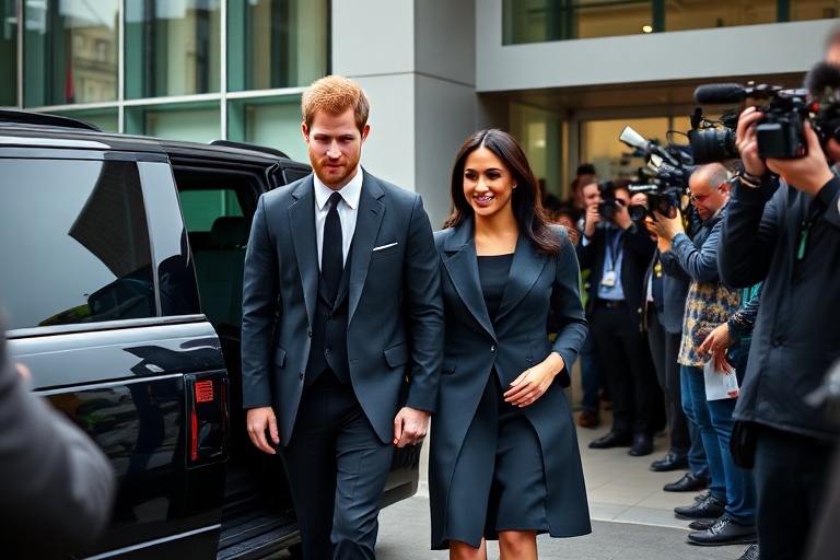A split-image composition: one side shows Harry and Meghan walking hand-in-hand with their children in a sunlit garden, the o