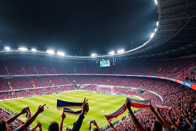A vibrant matchday scene at Stade Joseph Marien with Union Saint-Gilloise fans singing, banners waving, and the stadium inter