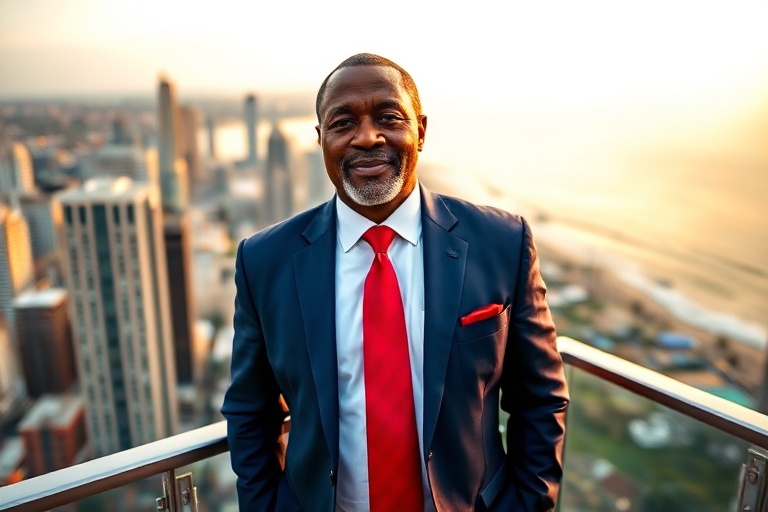 A professional portrait of Femi Otedola in a tailored suit, standing in front of a modern office building with a subtle Niger