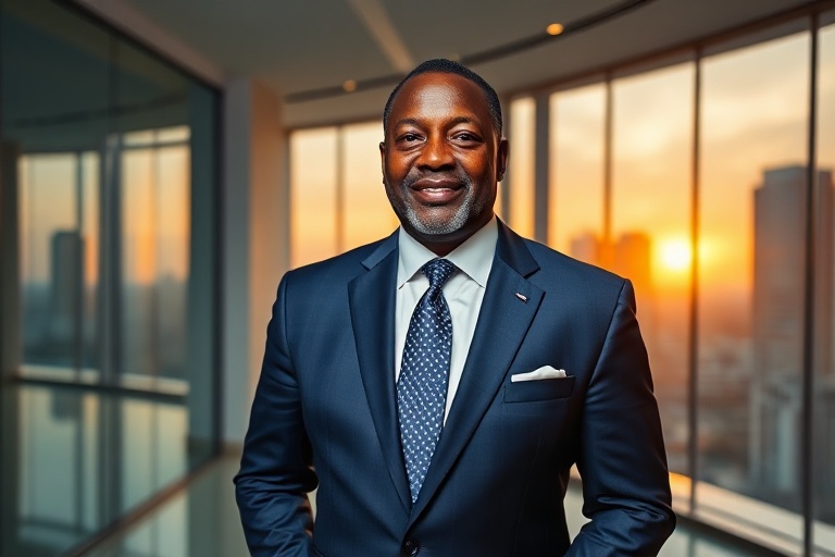 A professional portrait of Femi Otedola in a tailored suit, standing in front of a modern office building with a subtle Niger