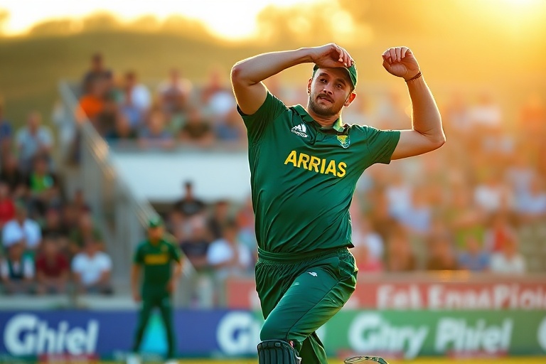 A dynamic action shot of Marco Jansen bowling in a Test match, capturing his tall frame, intense focus, and the moment of bal