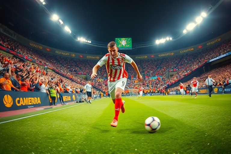A dynamic action shot of Neco Williams in a Liverpool kit, sprinting down the right flank with the Anfield crowd blurred in t