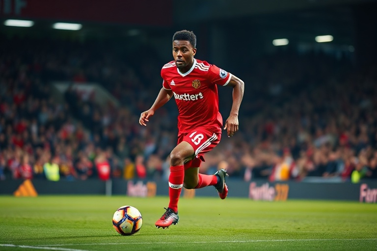 A dynamic action shot of Neco Williams in a Liverpool kit, sprinting down the right flank with the Anfield crowd blurred in t